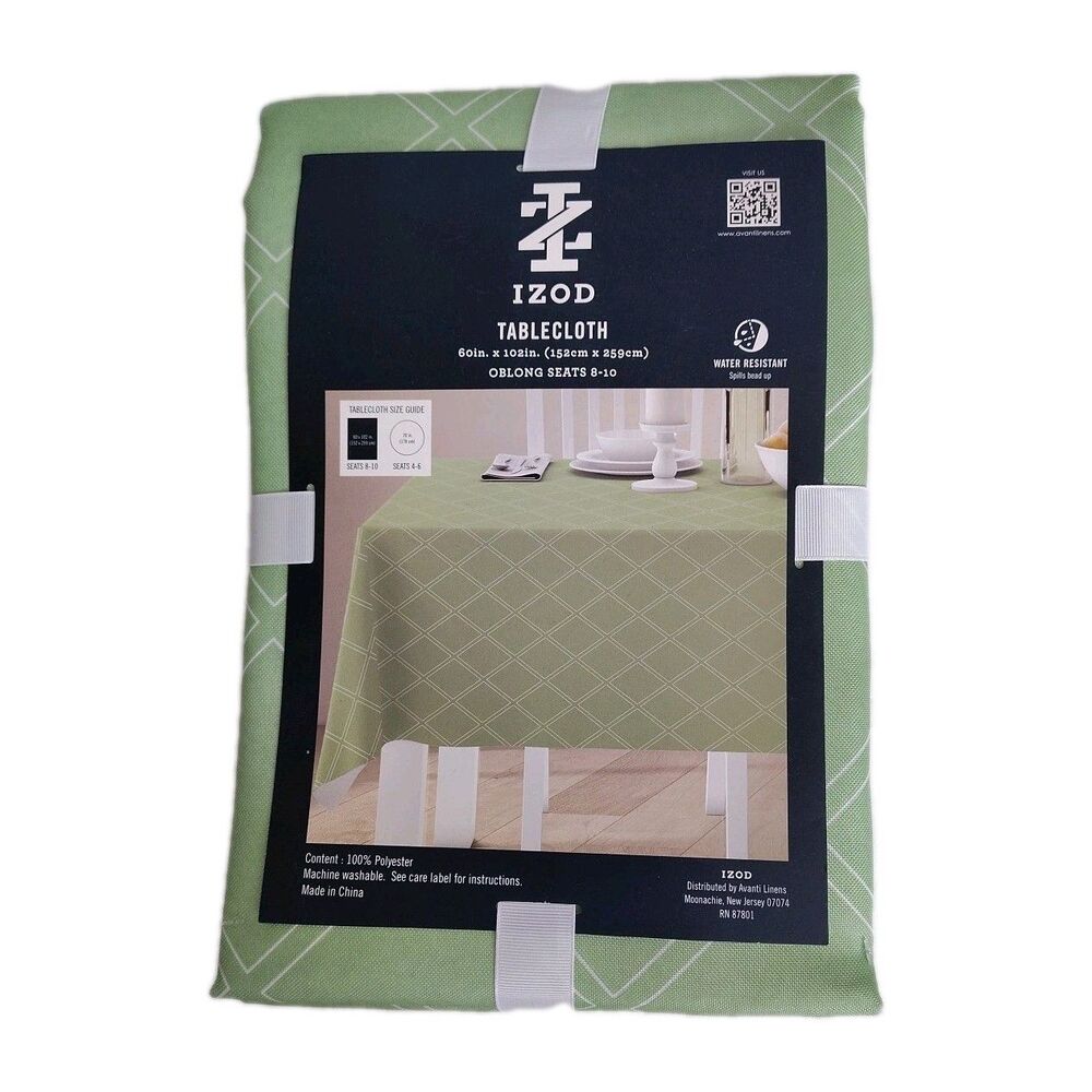 Izod Green Jacquard Trellis Tablecloth In/Outdoor Oblong 60 X 102 Water Resist